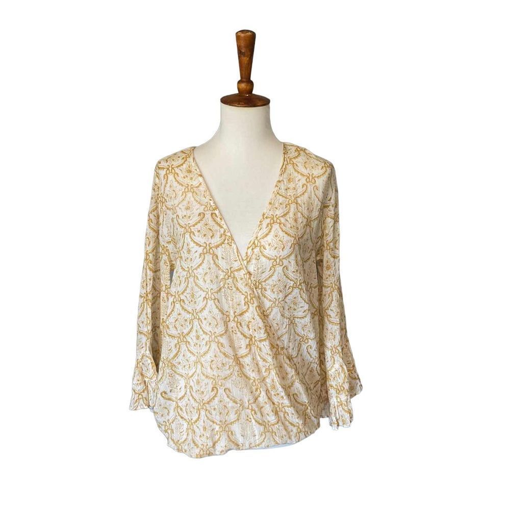 Gypsy Rose Mustard Yellow Printed Cross Deep V Bohemian Bell Sleeve Blouse